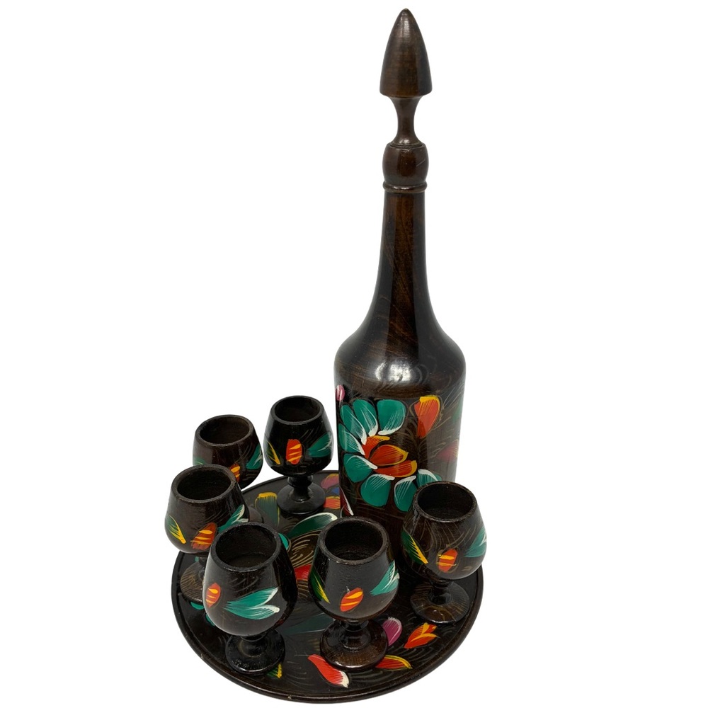Mid Century Hand-Painted Wooden Decanter Set Folk Art Bohemian Decor Vintage